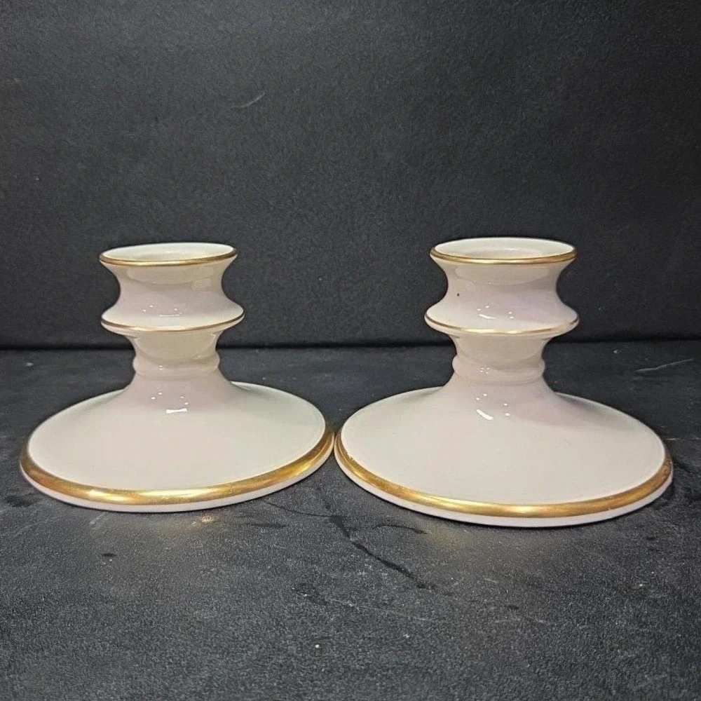 Pickard China‎ Porcelain Candle Holders, Set of 2, Vintage Gold Trim Accents